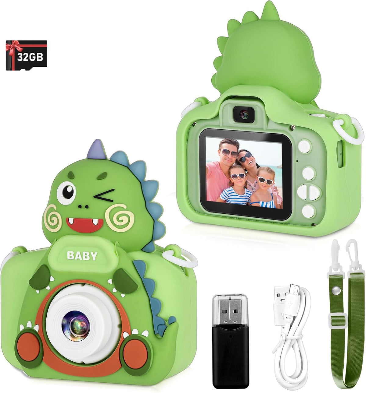 Zeacool Kids Camera, HD Digital Video Camera - Dinosaur Green