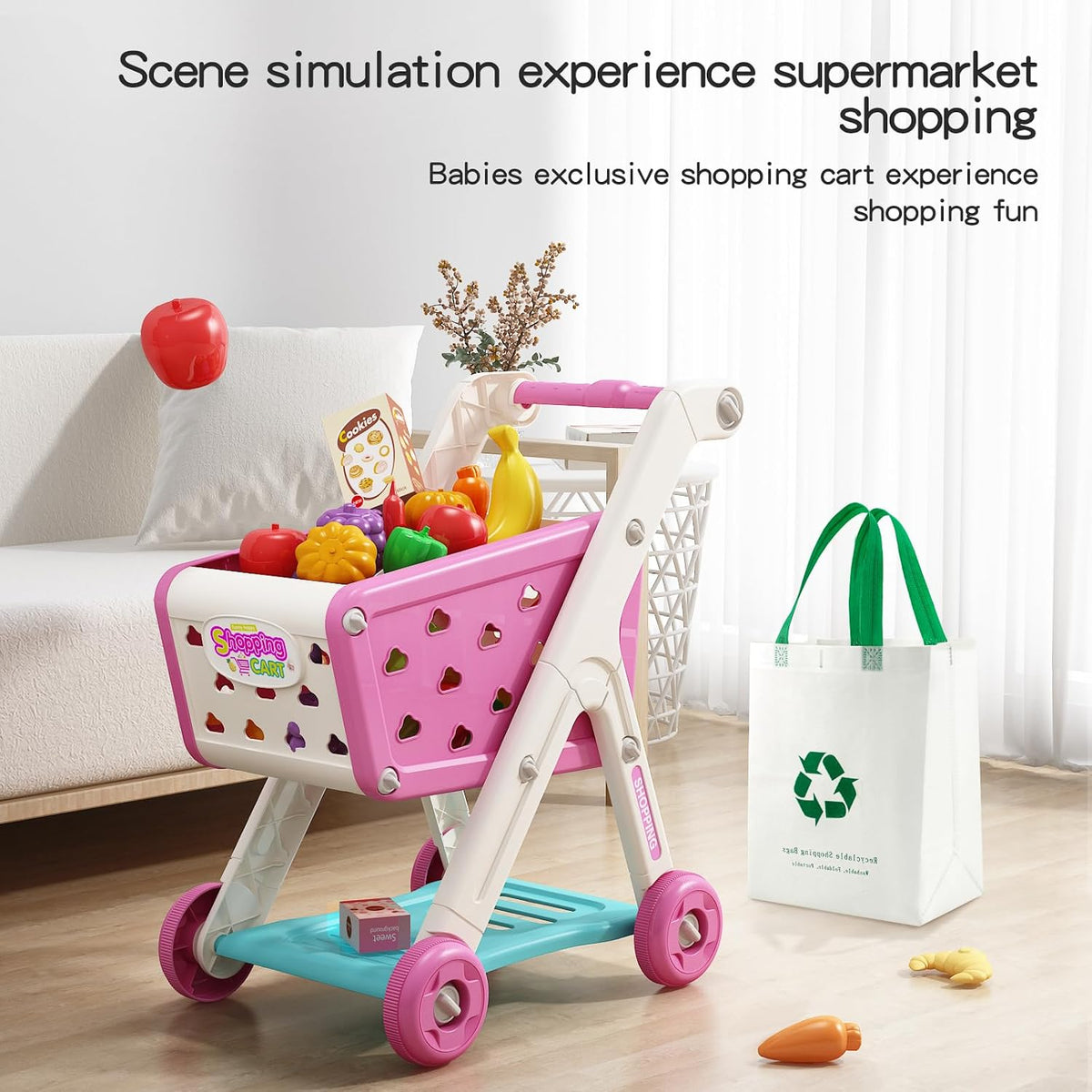 Jovow 102pcs Kids Shopping Cart Trolley Play Set with Pretend Food – Fun for Kids & Family - Pink - image 4