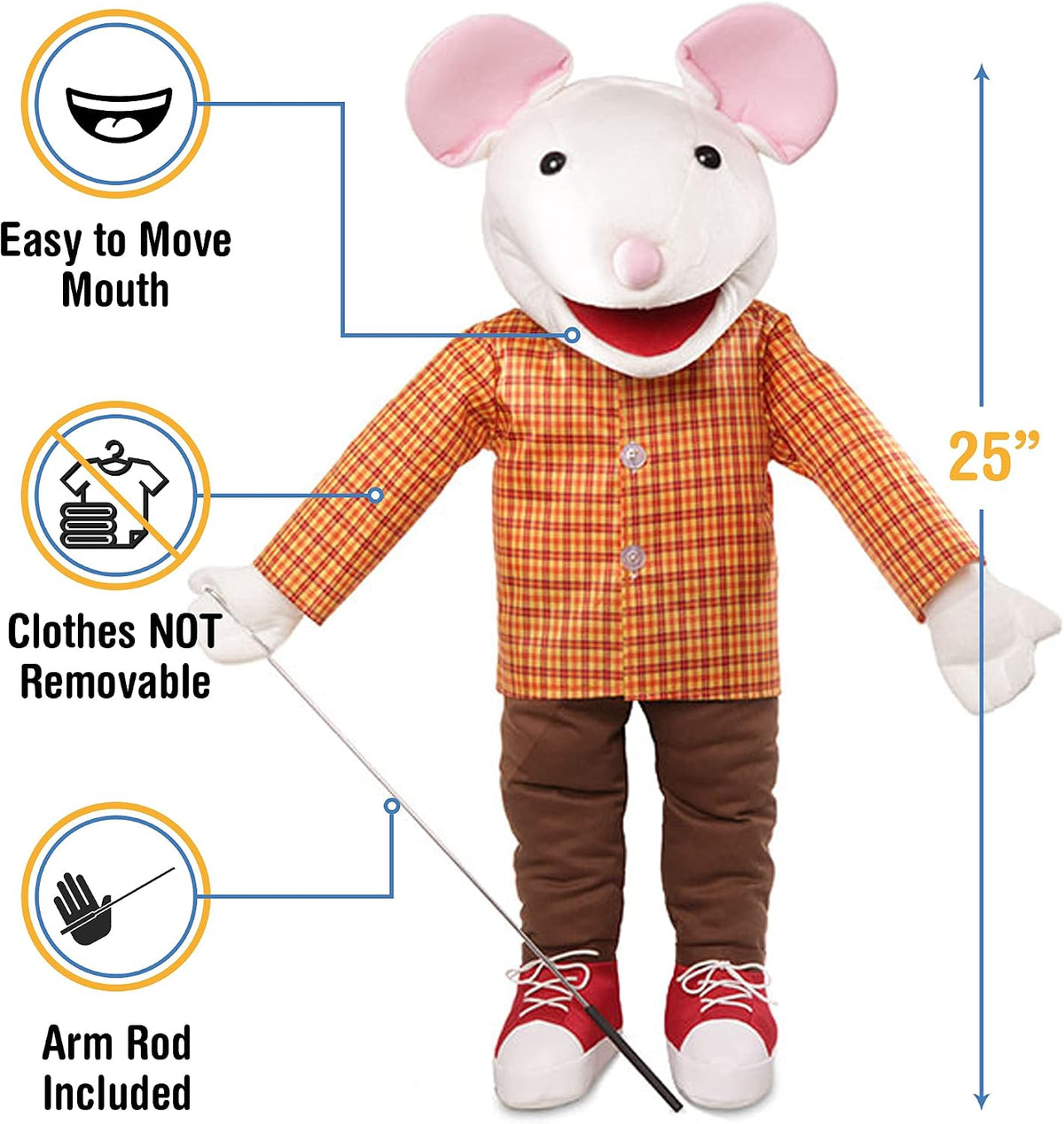 Silly Puppets 25 inch full body ventriloquist style mouse puppet with sneakers and arm control rod - view 2