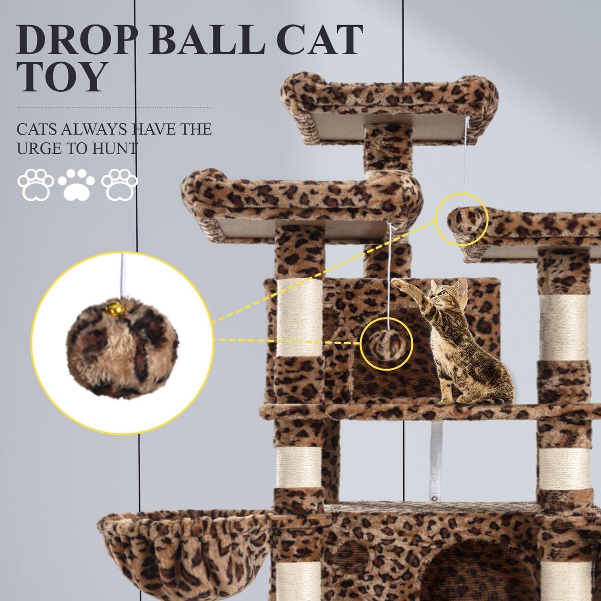 Allewie 68 Inches Cat Tree/House and Towers for Big Feline/Scratching - 68 in / Leopard Print - image 3