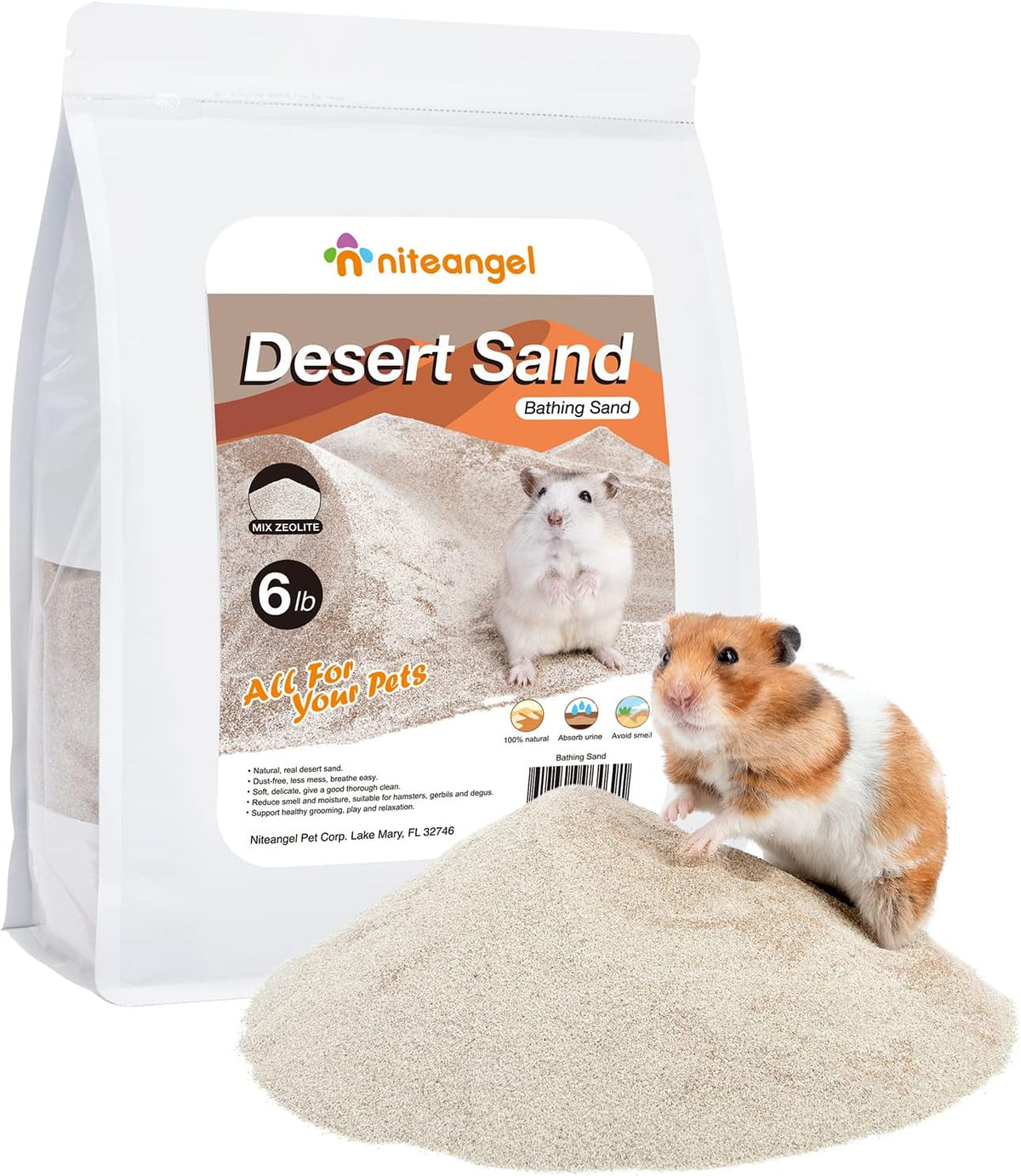 Niteangel Hamster Desert Bath Sand: 2.5lb/40oz No-Dust Bath & Easy - 6LB/96oz / Desert Sand & Zeolite Particles