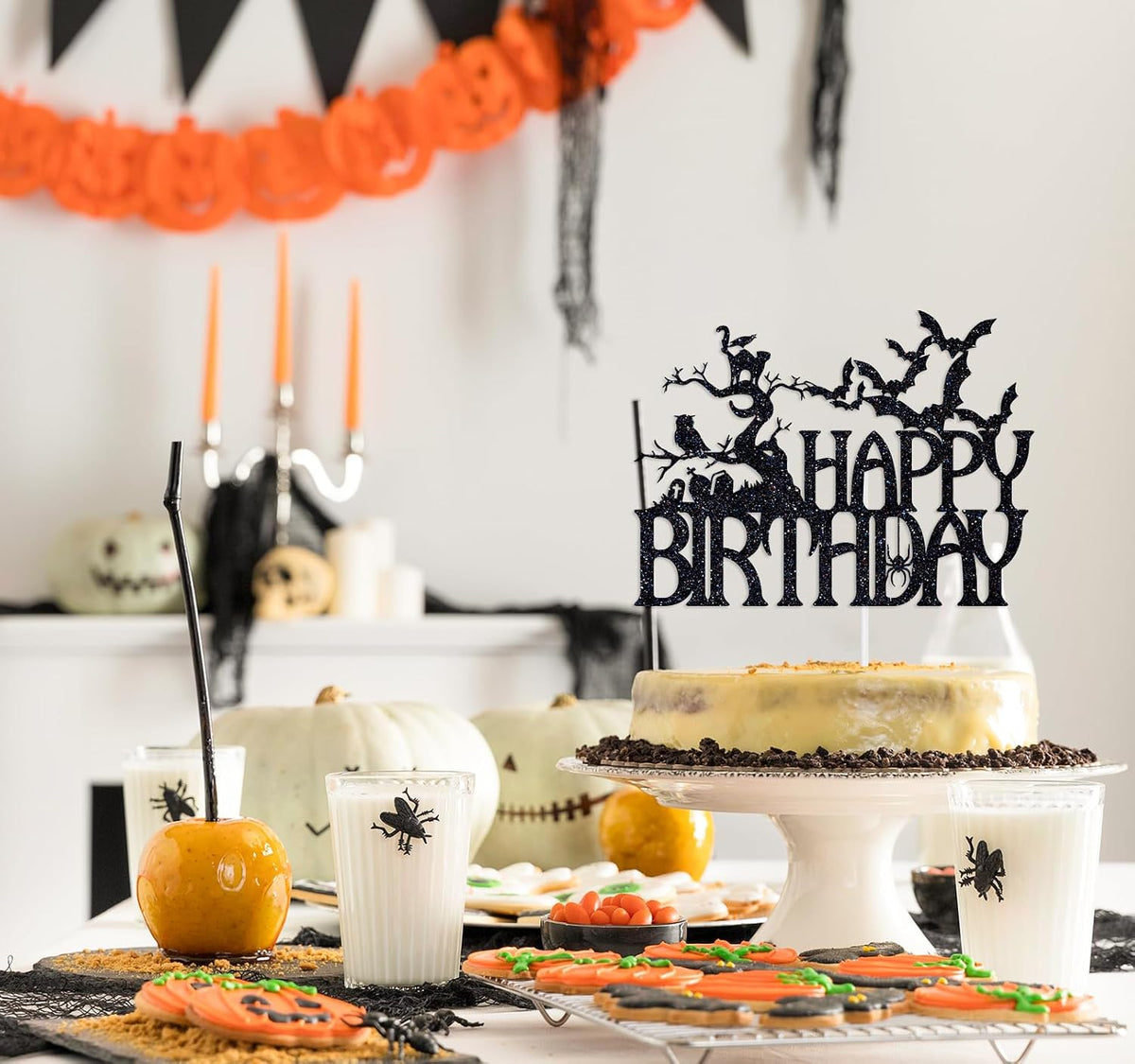 Ferastar black glitter Halloween Happy Birthday haunted house cake topper - view 3