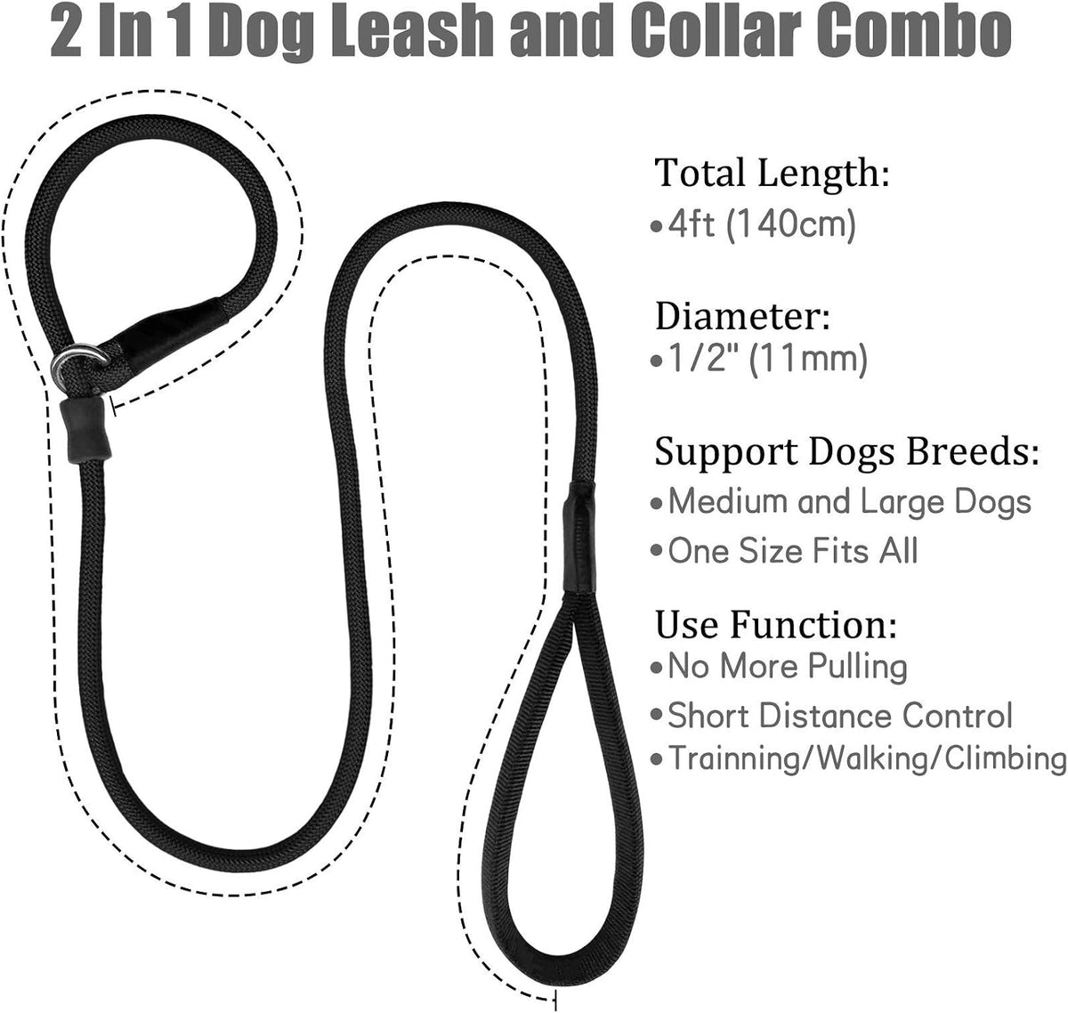 Strong Slip Rope Dog Training Leash - 1/2" x 4ft / Black - image 4