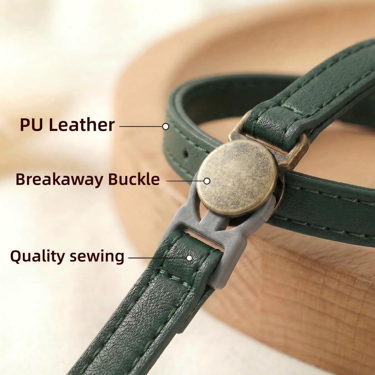 THAIN Leather Cat Collar with Bell Breakaway, Adjustable - Dark Green - image 3