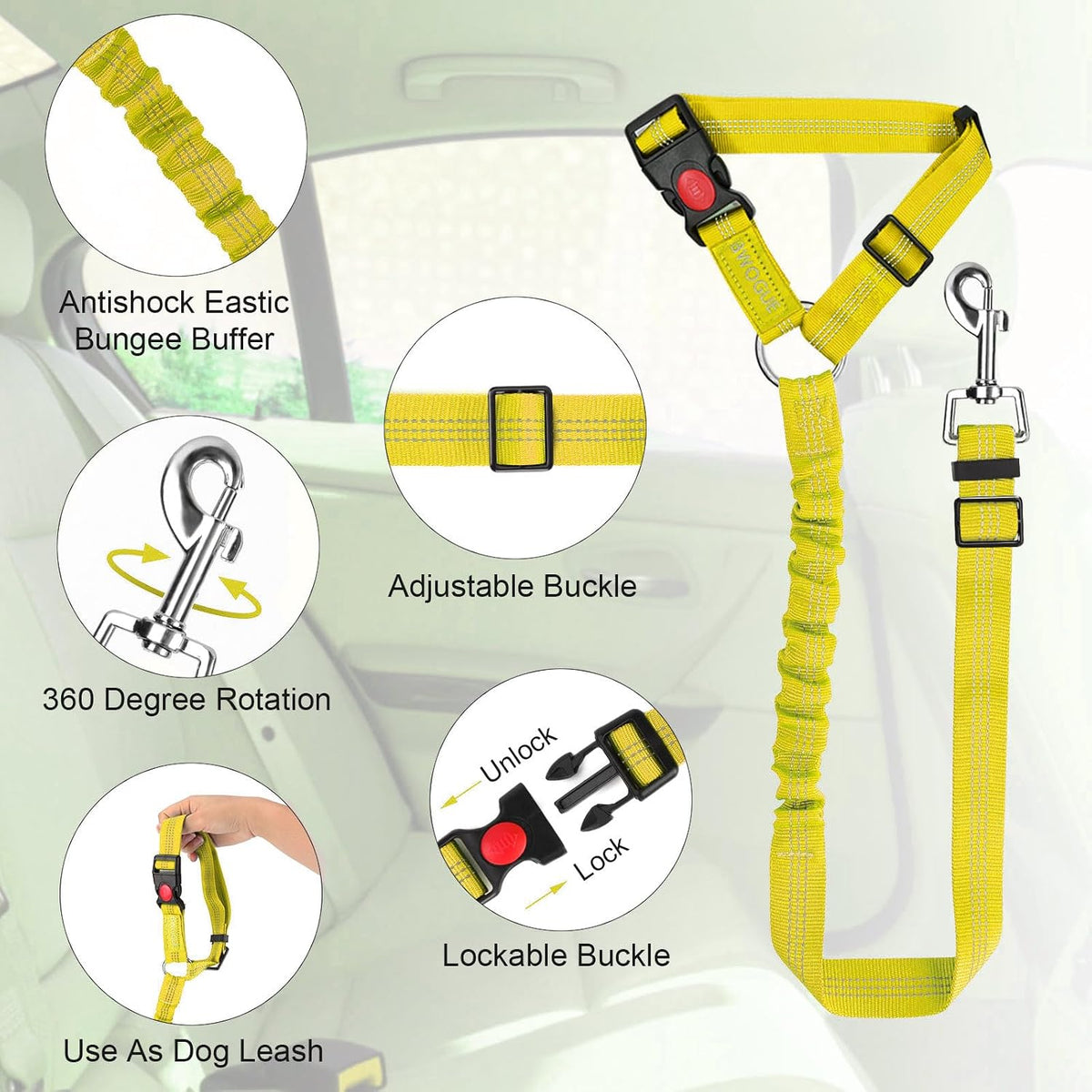 Dog Seat Belt for Car, Headrest Restraint Safety Lead, Dogs Cats – Essentials for Dogs - Yellow / Elastic - image 4