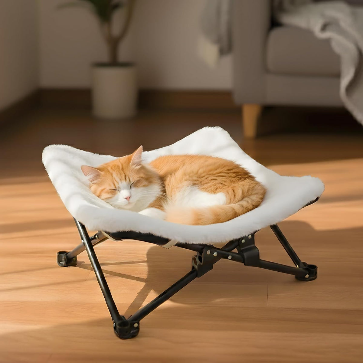 PETKARAY Foldable Cat Hammock Bed - Fluffy White / Elevated Hammock