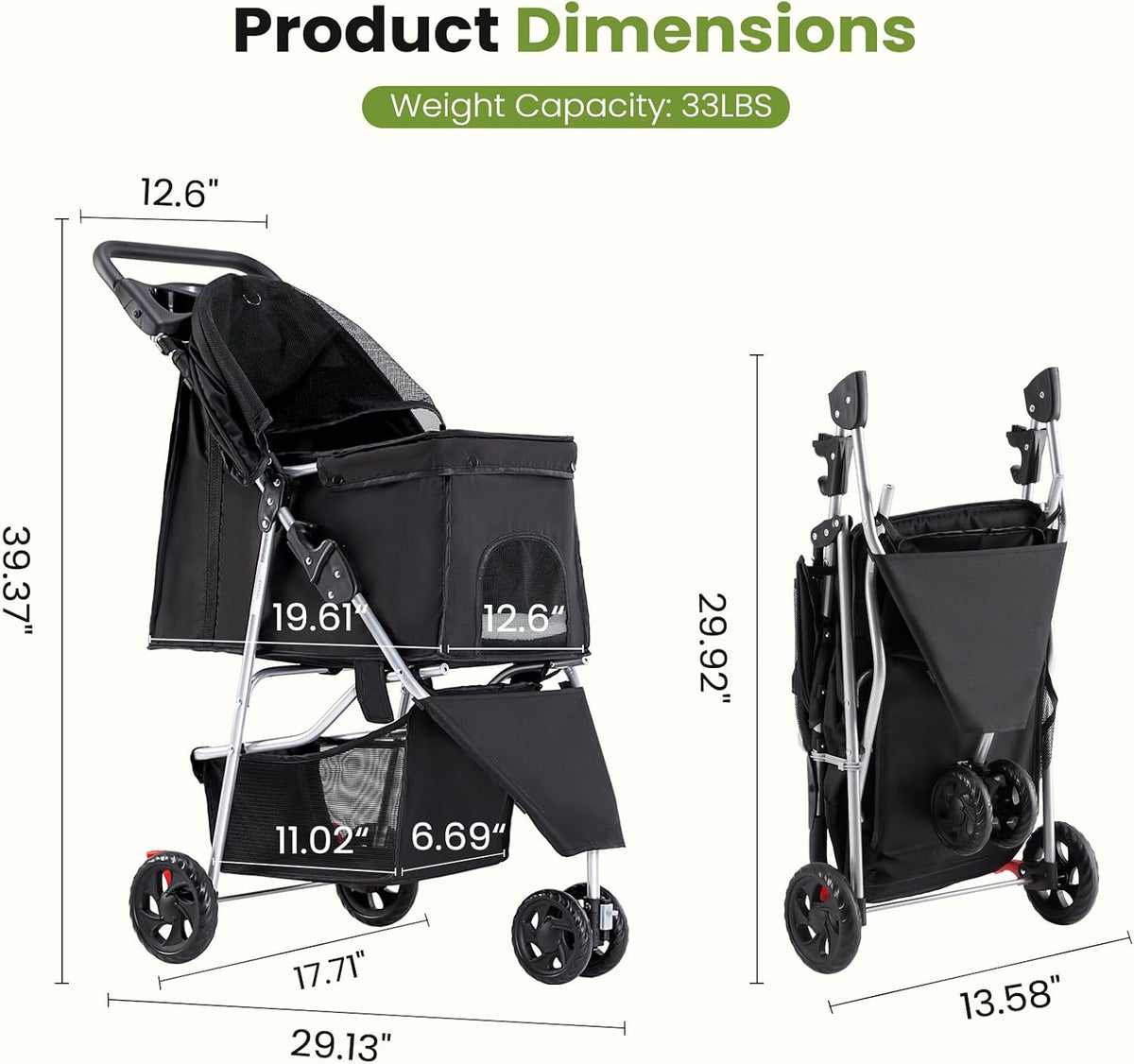 DUMOS 3 Wheels Pet Stroller for Small Dogs and Cats, Foldable – Essentials for Dogs - Black / 29"x18"x 39" - image 3