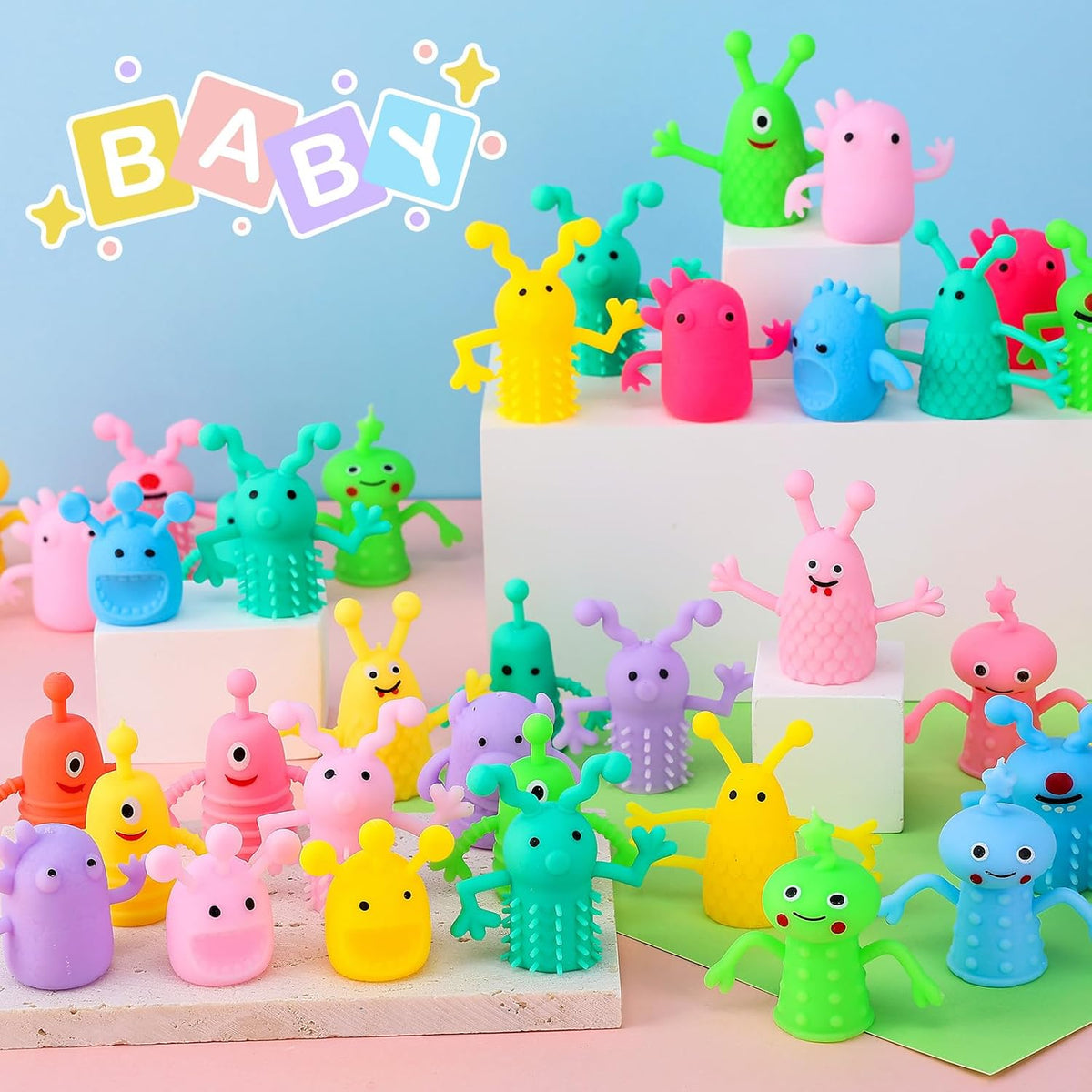 Booson monster finger puppets in bright colors, 80 pack of rubber finger toys - view 7