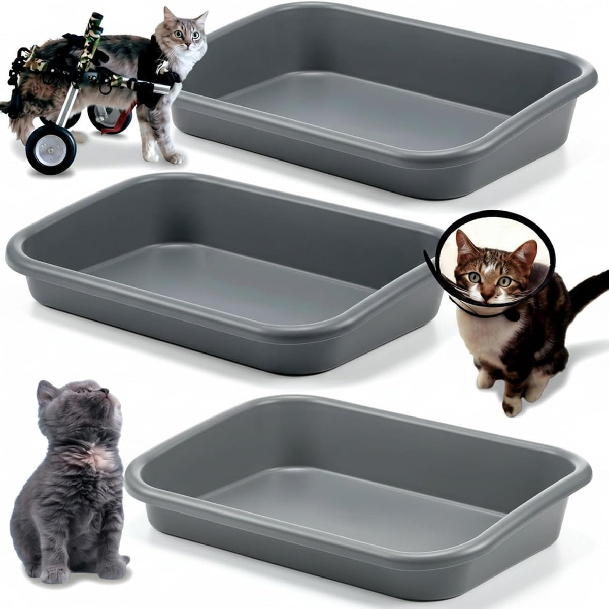 Uiifan 3Pcs Low Entry Cat Litter Box - Gray / 23 x 16 x 4.3