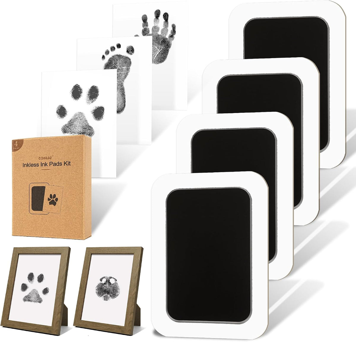 Inkless Paw Print Kit for Dogs, Cats & Babies - Black Pad,Walnut Wood Frame / 4-Pack,Large