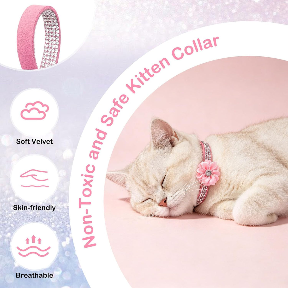 Rhinestone Cat Collar Breakaway, Bling Sparkly Diamond - Flower Pink / 8"-12" Cats / Mini Dogs - image 2