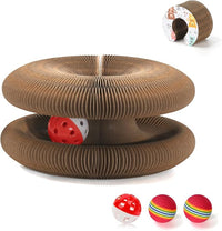 Magic Organ Cat Scratcher Board with 3 Balls, Foldable Recyclable Accordion Cats Toy with Ball and Track Adventure, Cat Scratching Pad, Retractable Reversible Furniture Protector(Brown)