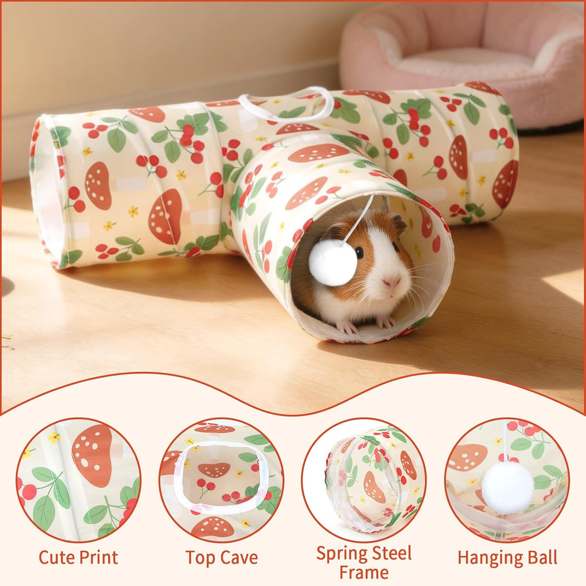Guinea Pig Tunnel Hideout 3-Way Collapsible Small Pet Tubes - Cherry - image 3
