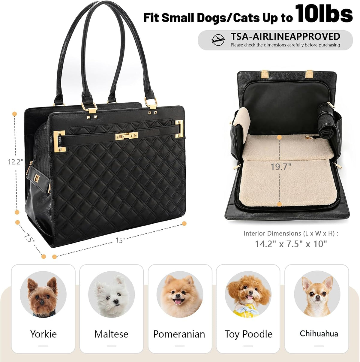 2-in-1 Stylish Dog Purse Carrier Travel Tote Bag for Small Dogs Cats - Black checkered / 15" L x 7.5" W x 12.2" H - image 2