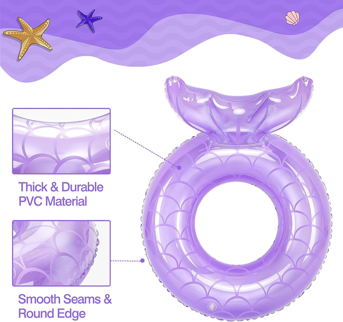 MoKo Pool Floats, Mermaid Inflatable Swim Tubes Floaties – Fun for Kids & Family - Purple / 70# - image 3