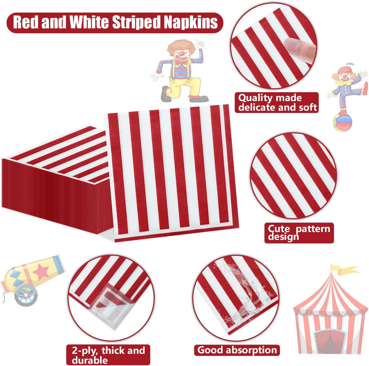 PIXHOTUL 100 pack red and white striped carnival paper napkins - view 39