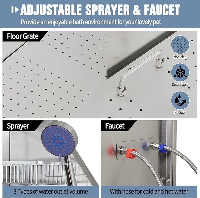 50" Pet Dog Bathing Station W/Ramp, Professional Stainless Steel Dog Grooming Tub W/Storage Drawer, Floor Grate, Faucet, Dog Bathtub For Large,Medium, Small Pets, Washing Sink For Home (50"Left ramp)