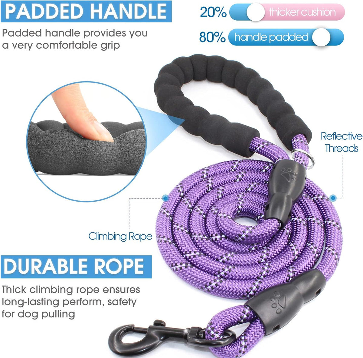 2/4/5/6 FT Dog Leash with Comfortable Padded Handle and Highly - 1/2'' x 4 FT / Purple - image 2