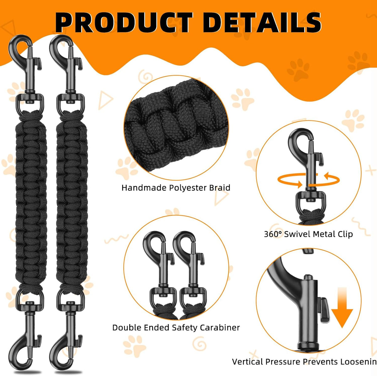 YUEPET 2-pack paracord dog collar safety clips with 360 degree swivel clips - view 2
