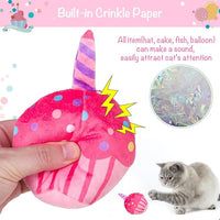 BINGPET Catnip Toys for Indoor Cats, Cat Birthday Hat and Interactive Plush Kitten Chew Toys - Cute Cake, Fish, Balloon Toys with Crinkle Paper and Catnip Inside Pink