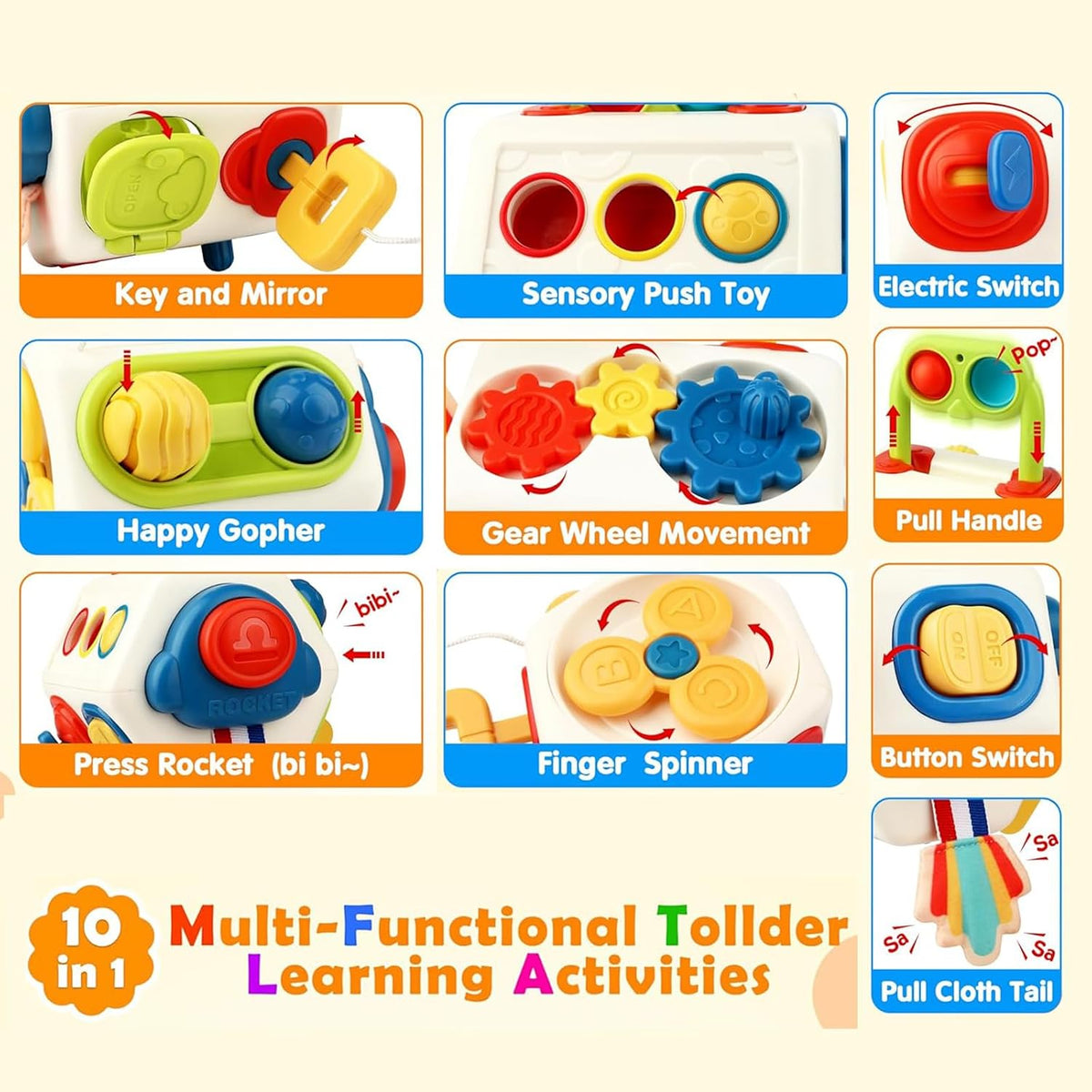 AotBlcer 10-in-1 busy cube travel toy for toddlers with gears, switches and buttons - view 2
