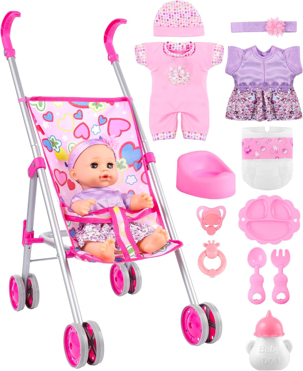 GAGAKU foldable baby doll stroller with 12 inch doll and care accessories - view 4