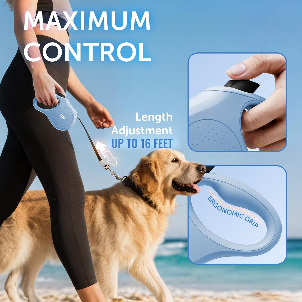 TUG Quest Retractable Dog Leash, 360° Tangle-Free - Blue / Medium - image 2