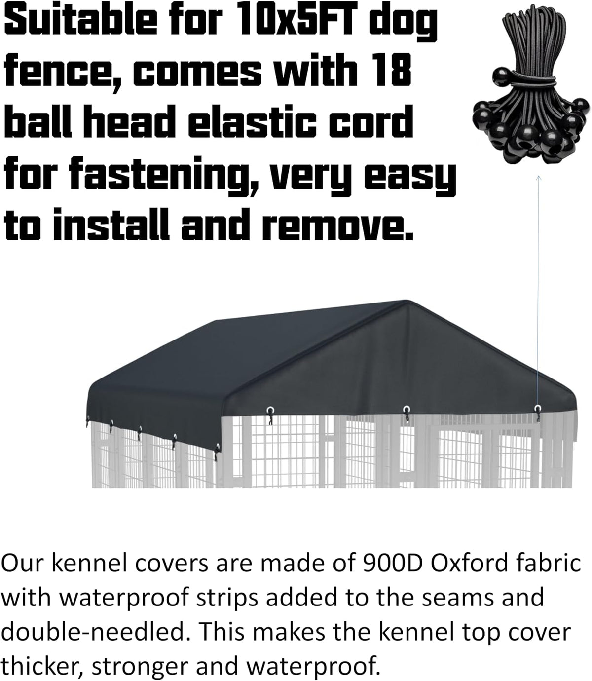 5x10 FT Dog Kennel Cover 900D Waterproof UV Outdoor Roof Replacement - Black / 10'L x 5'W - image 3