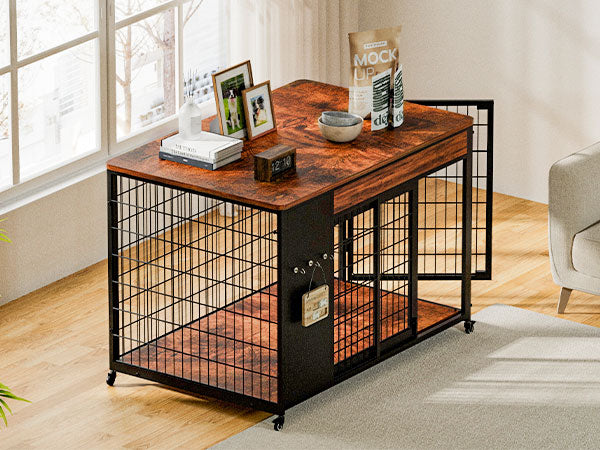38in Dog Crate Furniture - Dog Crate With DIY Frame, Sliding Door Indoor Kennel, Wooden Dog Cage End Table, For Medium-L