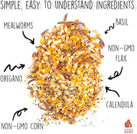 Pampered Chicken Mama Non-GMO Mealworm, Corn, Flax, & Herb Treat (10 Pounds) for Backyard Chickens, Healthy Layer Feed & Supplies for Pet Chickens Poultry Queen Treat for Hens