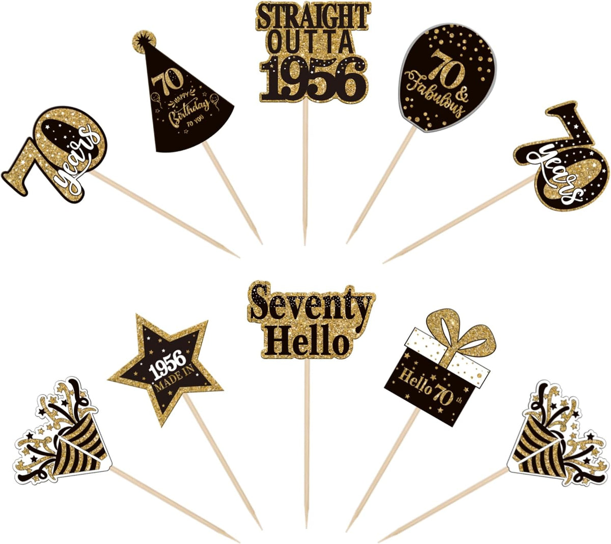 36PCS Happy 80th Birthday Cupcake Toppers Double Sided Black Gold - Straight Outta / 70th - image 3