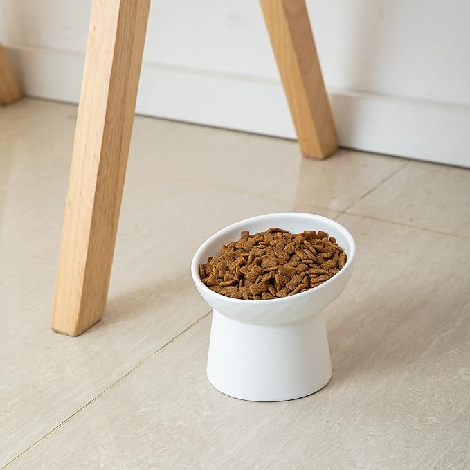 4 Pcs Small Ceramic Raised Cat Bowls, Tilted Elevated Food or Water Bowls, Stress Free, Backflow Prevention, Dishwasher and Microwave Safe, Lead & Cadmium Free(4pc White)