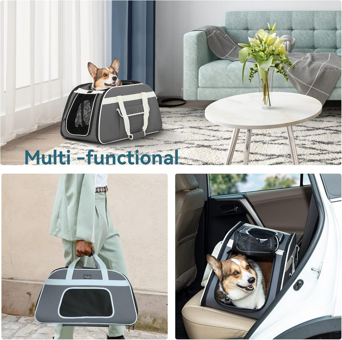 Petsfit Cat Carrier with Wheels, Removable Spinner Wheels - 23"L x 13"W x 14"H / Gray & White - image 3