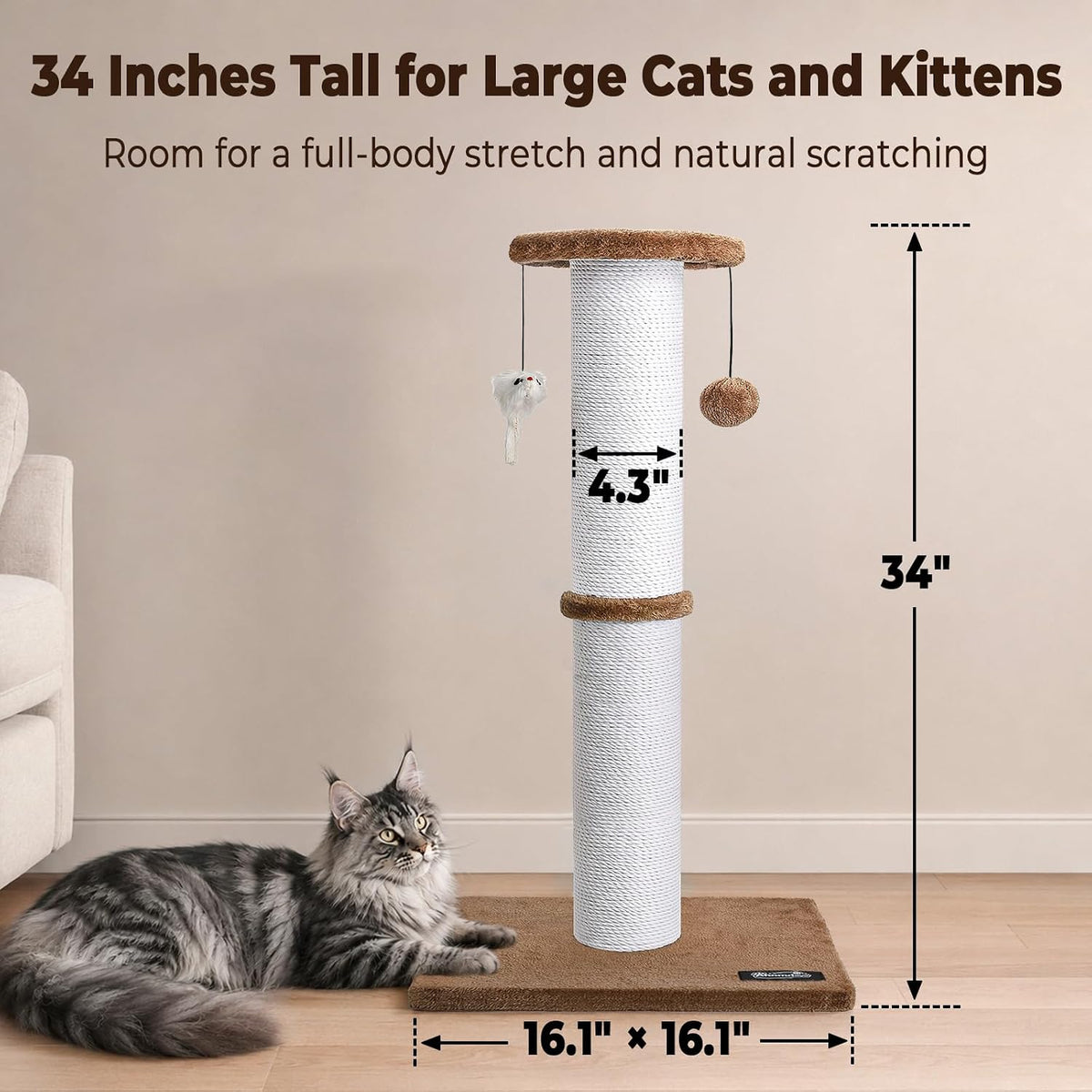 34-Inch Tall Cat Scratching Post for Large Cats, Stable Base - Tan - image 2
