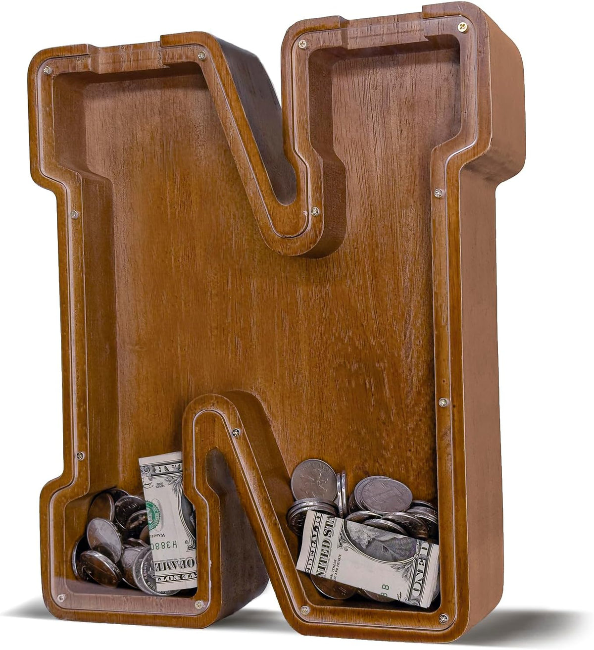 JOOMLAFLY Wooden Letter Piggy Bank for Kids 9"Clear Coin Bank - N / Initial-12"