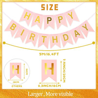 Happy Birthday Banner,Pre-Strung Black and Gold Party Decorations，16ft Pre-Strung Hanging Sign - PINK - image 4