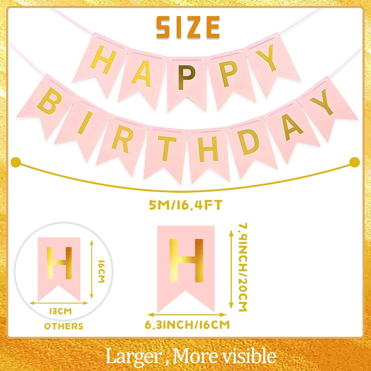 Happy Birthday Banner,Pre-Strung Black and Gold Party Decorations，16ft Pre-Strung Hanging Sign - PINK - image 4