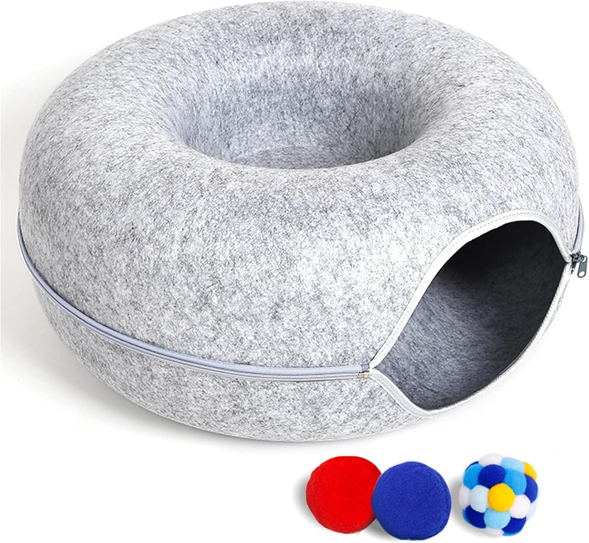 Large Cat Tunnel Bed for Indoor Cats with 3 Toys - L(24x24x11) / Light Grey