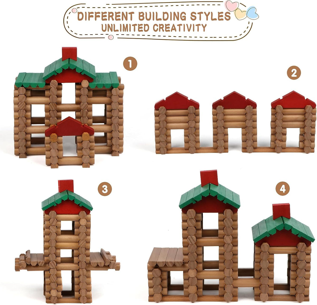 Wondertoys 208 Pcs Wooden Log Set, Classic Building Logs Ages 3+ - 208PCS Classic - image 2