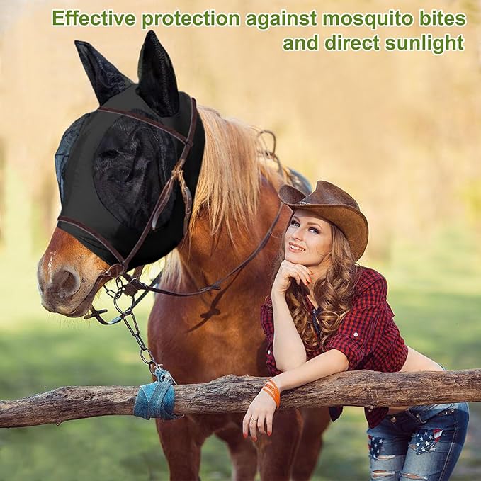 Horse Fly Mask with Ears, Comfortable Fit Stretch Fabric with UV Protection Soft on Skin Breathability for Small/Medium Size Horses (Black)