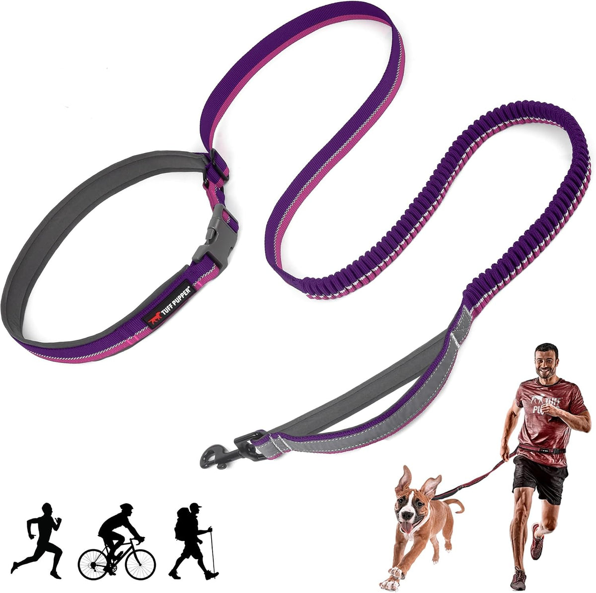 Tuff Pupper Hands Free Adjustable Length Dog Leash - Punch Purple / Bungee