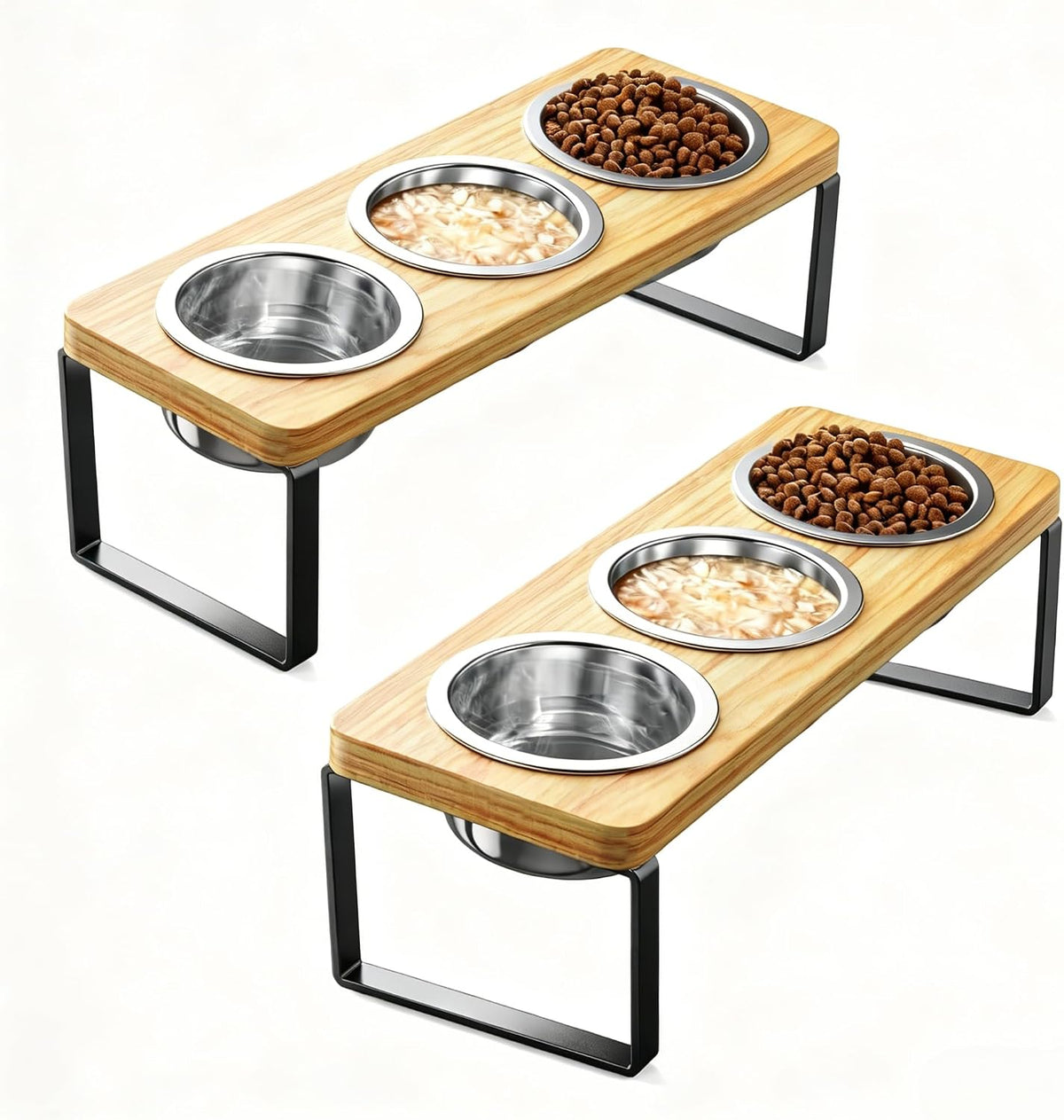 Elevated Cat Bowls with 3 Stainless Steel Bowls - Bamboo 2 PACK