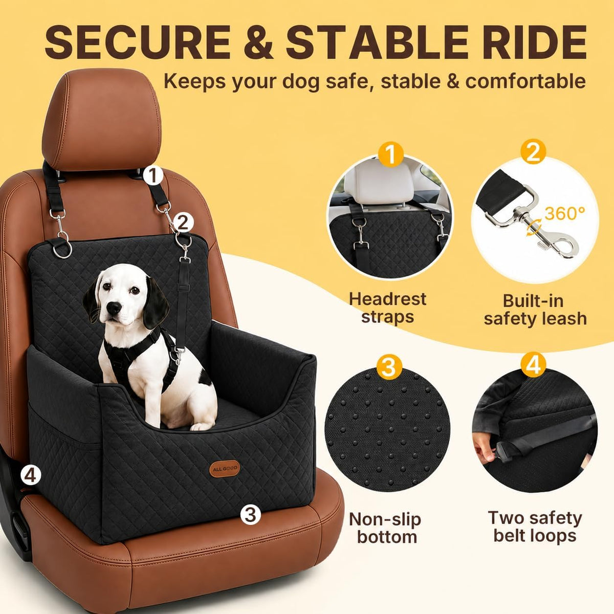 ALL GOOD PET SUPPLIES Dog Car Seat for Small/Medium Dogs Under – Essentials for Dogs - Black - image 2