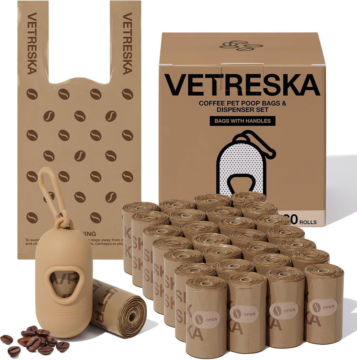 VETRESKA Dog Poop Bags with Handles 240 Count - Coffee / 1 Count (Pack of 450)