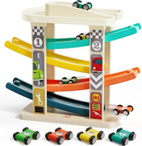 TOP BRIGHT wooden toddler car ramp race track with rooftop parking lot and 4 colorful cars
