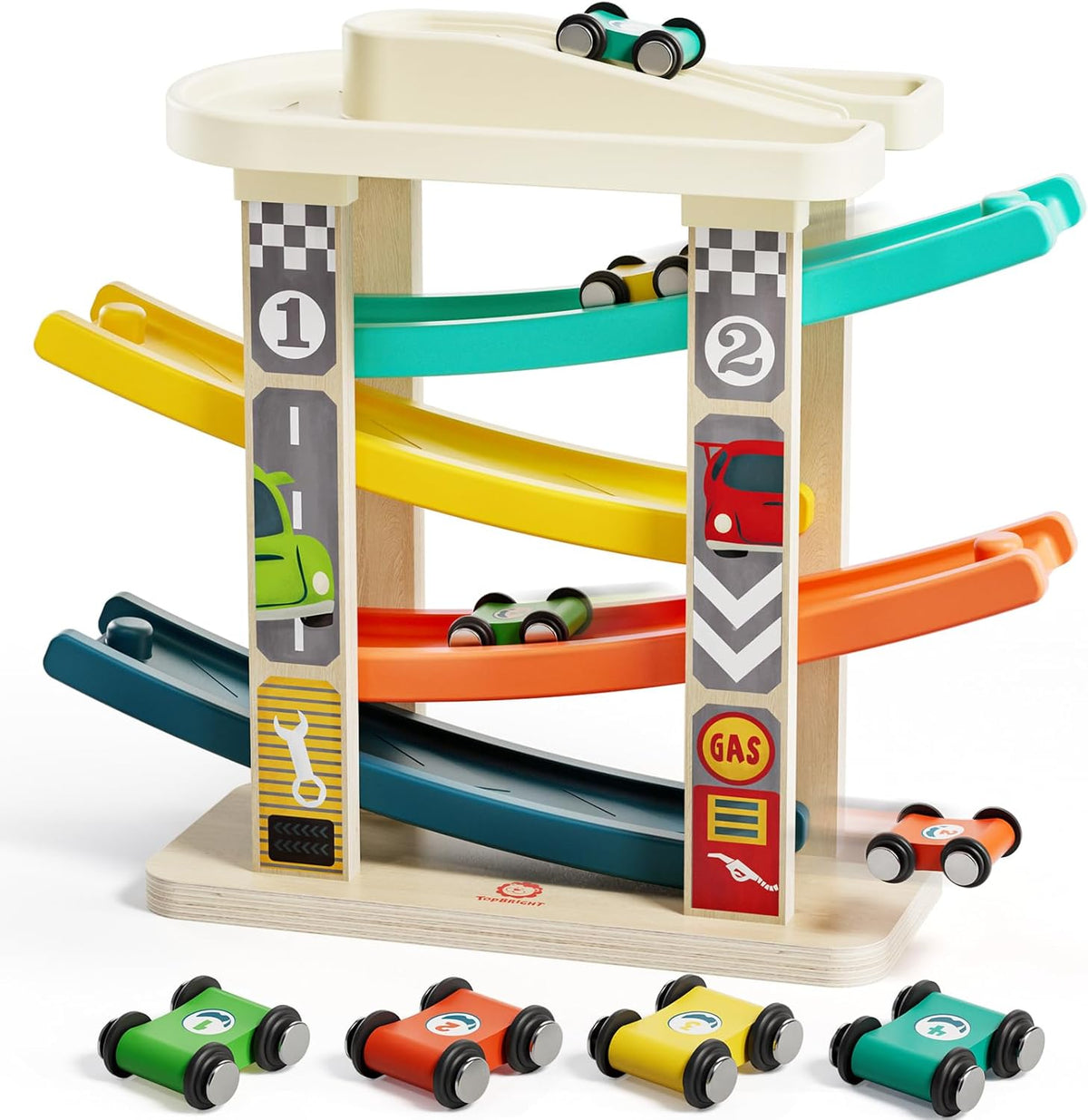 TOP BRIGHT wooden toddler car ramp race track with rooftop parking lot and 4 colorful cars