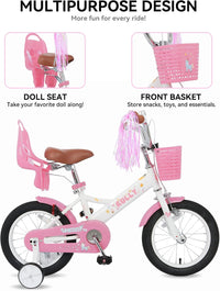 RULLY pink unicorn kids bike with training wheels, front basket, doll seat and streamers - view 11
