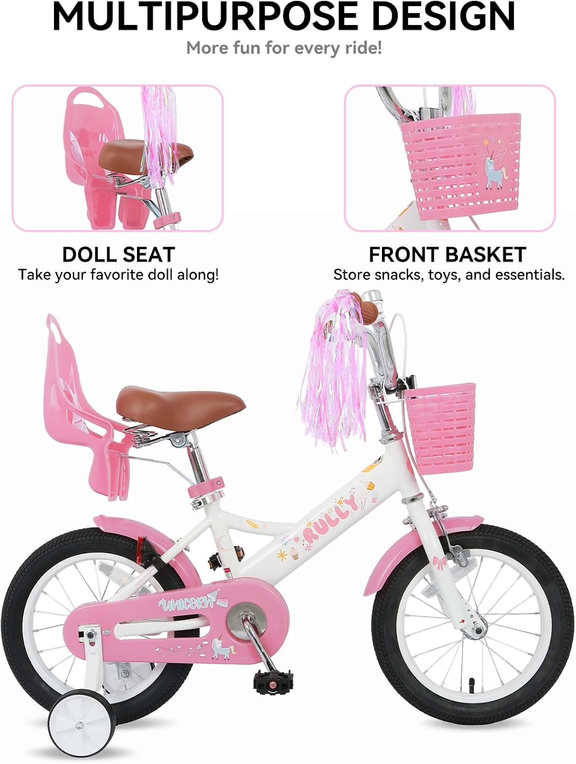 RULLY pink unicorn kids bike with training wheels, front basket, doll seat and streamers - view 11