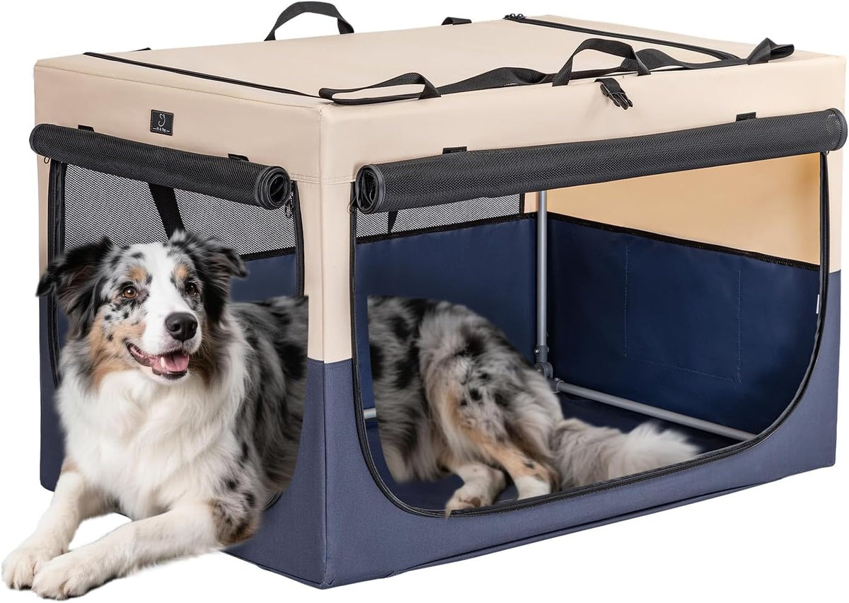 A 4 Pet 36-in Foldable Soft-Sided Dog Crate for Large Dogs – Essentials for Dogs - Blue+Beige / 36.0"L x 24.0"W x 23.0"H