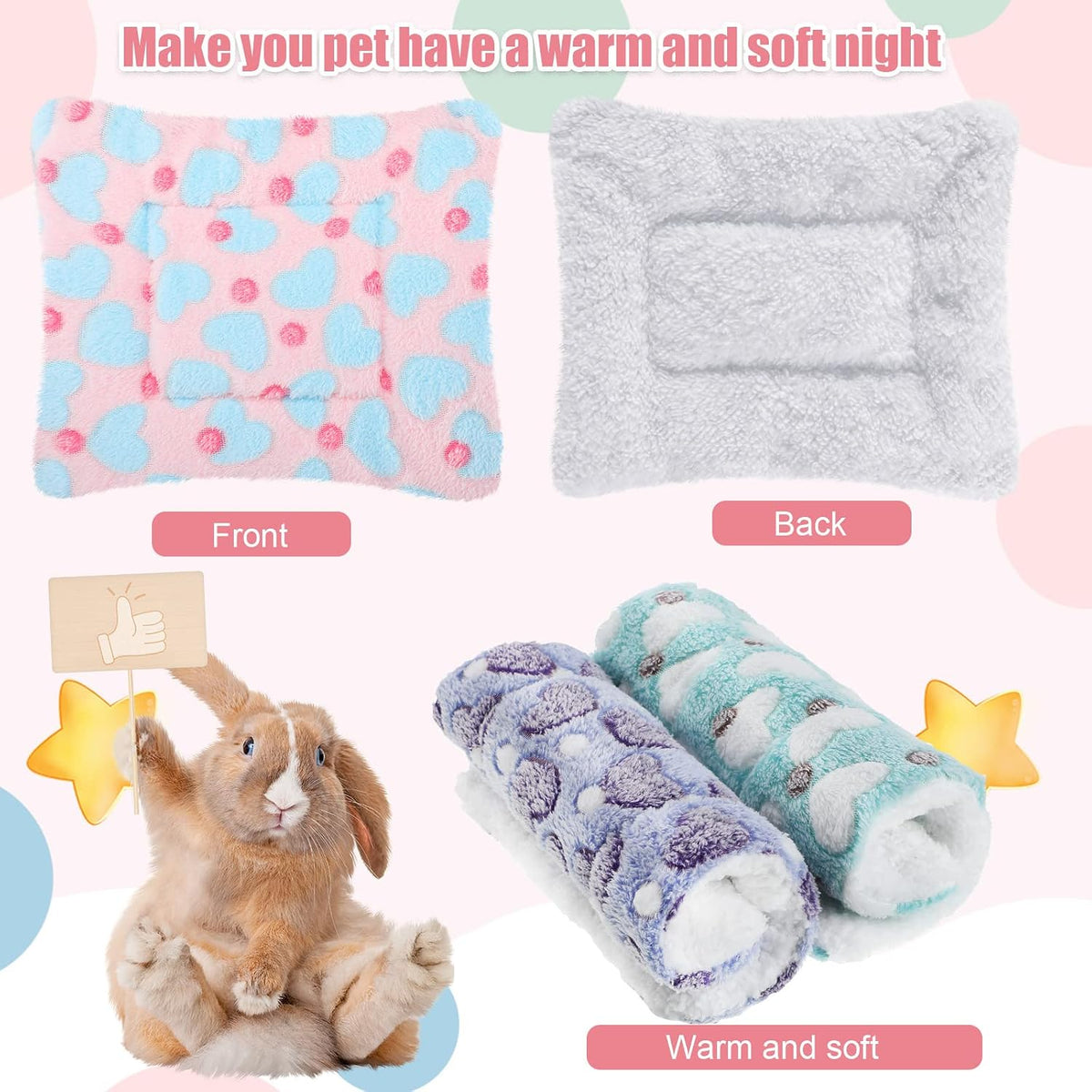 Jetec 3 Pcs Guinea Pig Beds, Fleece Small Animal Mats - Fleece / Heart / Purple - image 4